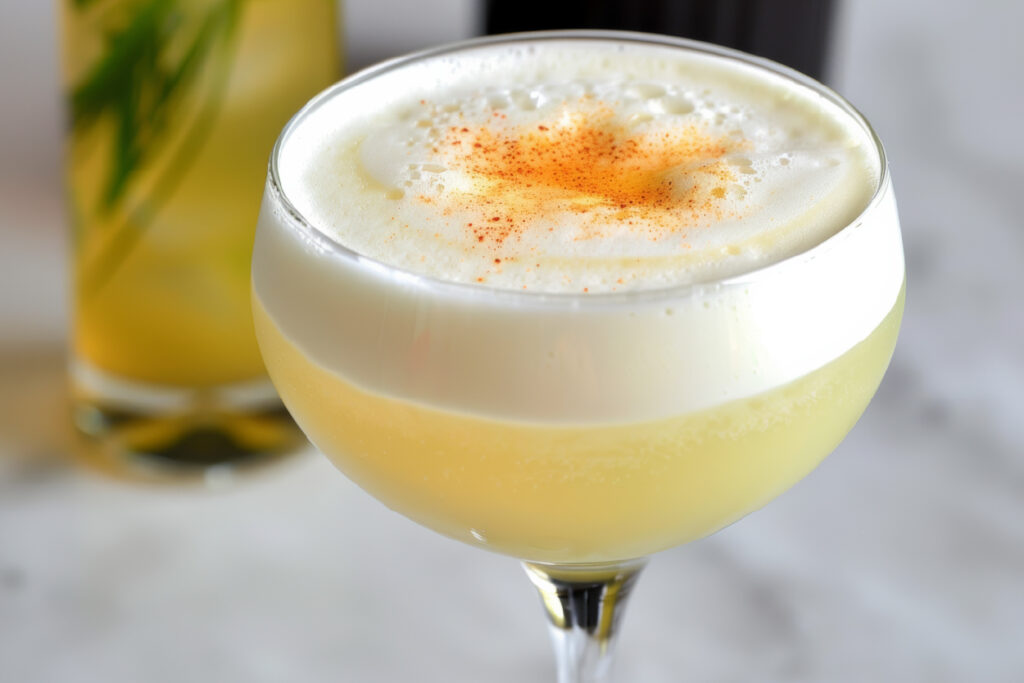 Pisco Sour preparado con ingredientes frescos, servido en Grupo Almacruz como parte de su experiencia gastronómica chilena.